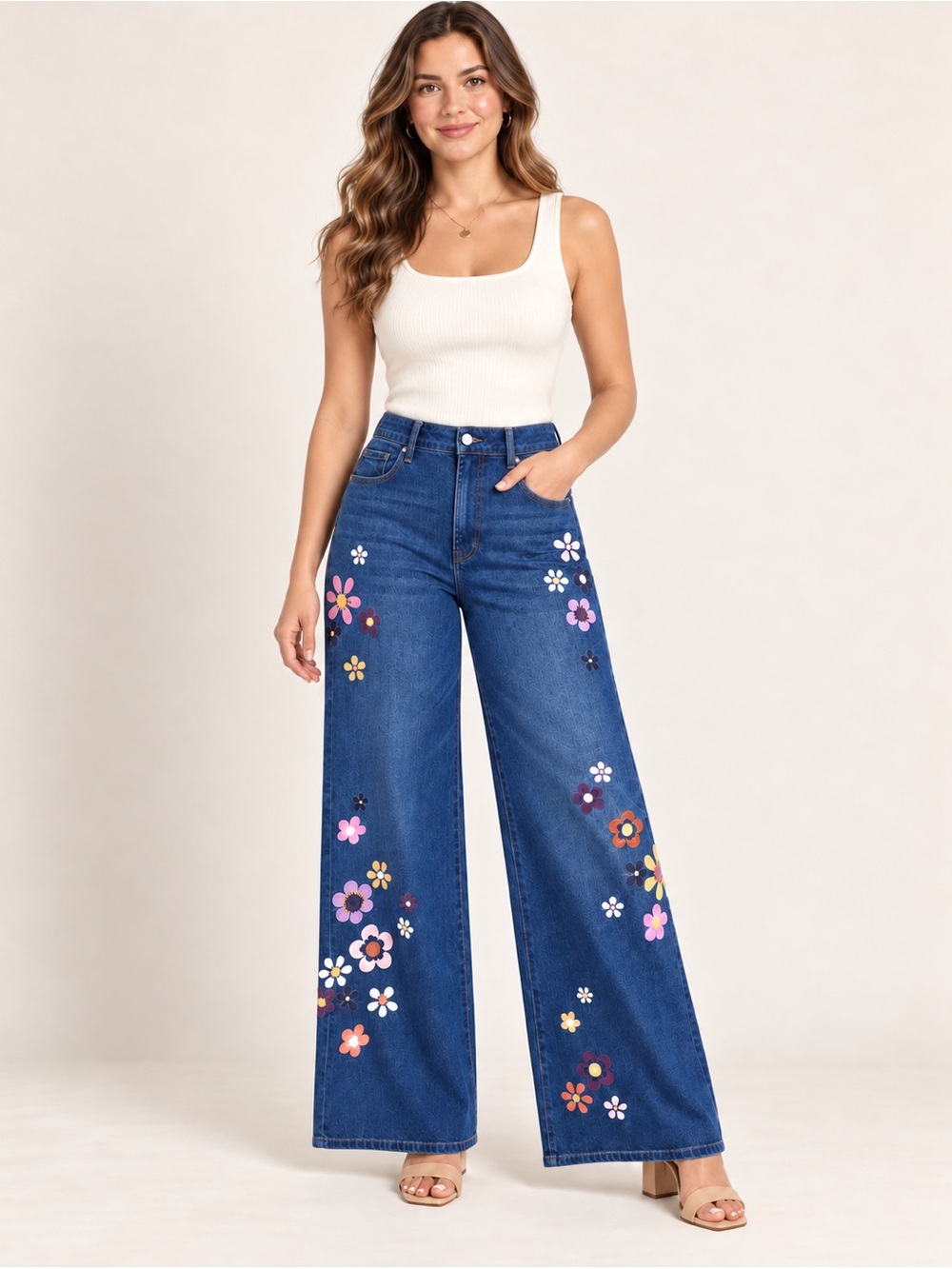 🍁Driftwood Carlie Floral Embroidered Wide Leg Jeans Size 14